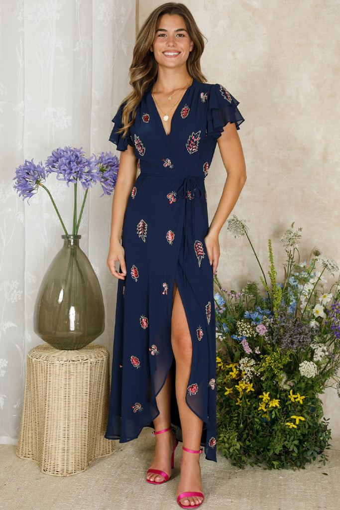 Hope & Ivy Joslin Maxi Wrap Dress Navy