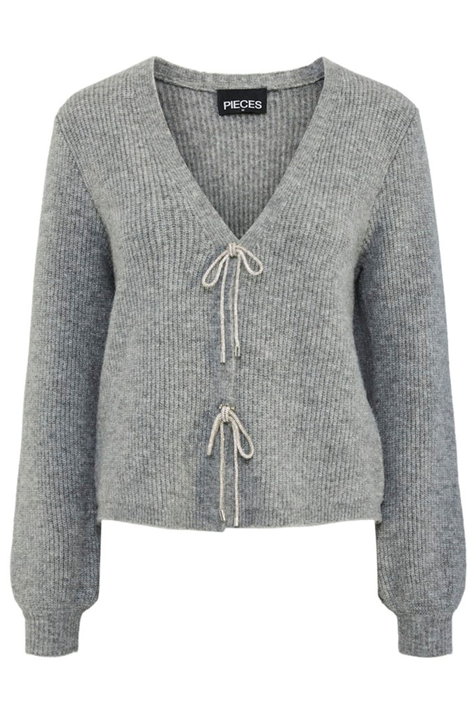 Pieces Anna Bow V Neck Knit Grey