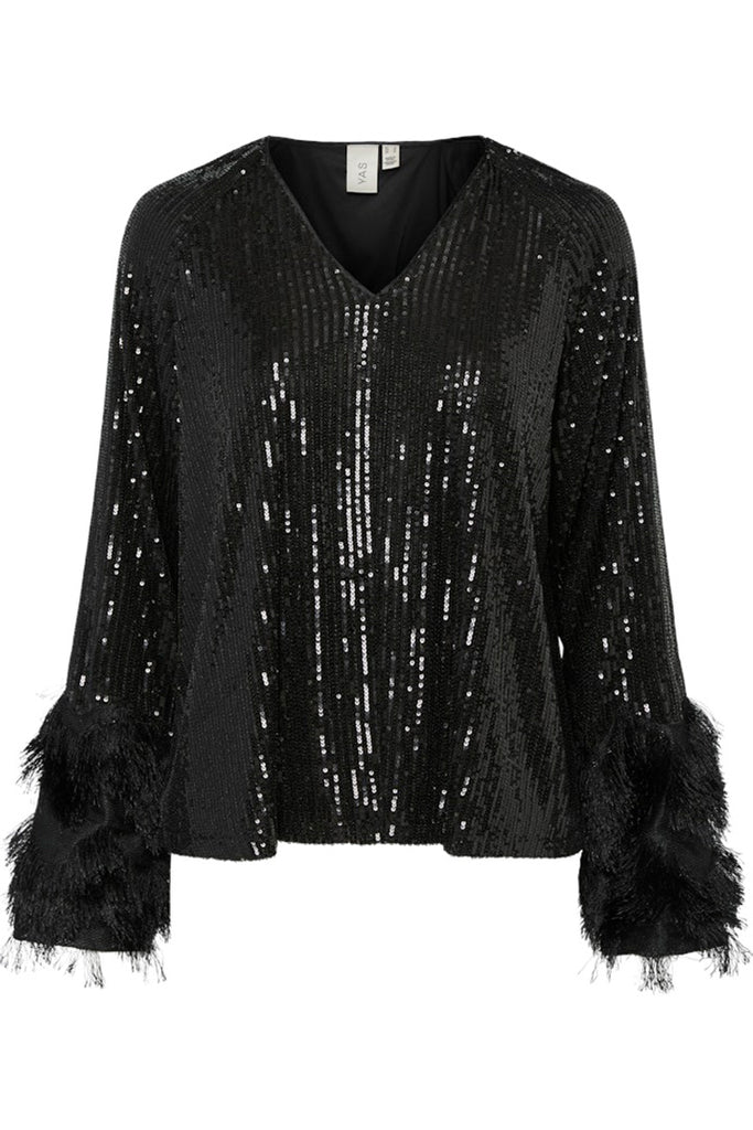 YAS Flow V-Neck Sequin Top Black